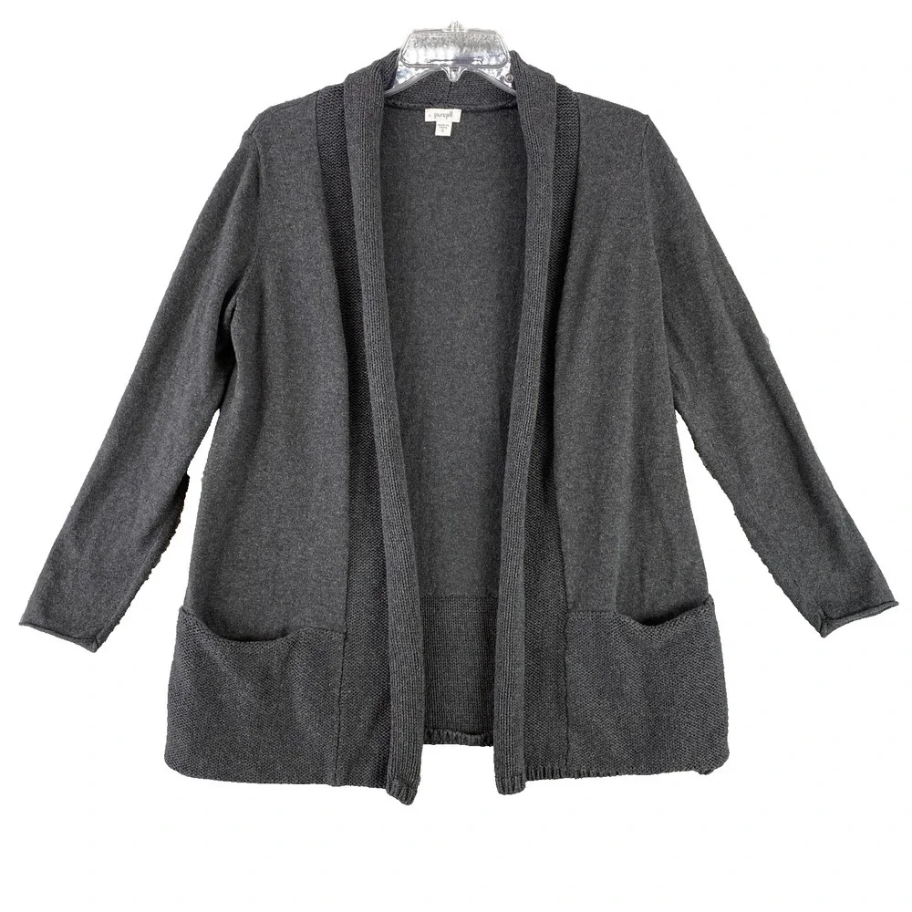 Pure J Jill Cardigan Small Gray Knit Open Front Pockets Cotton Cashmere Cozy